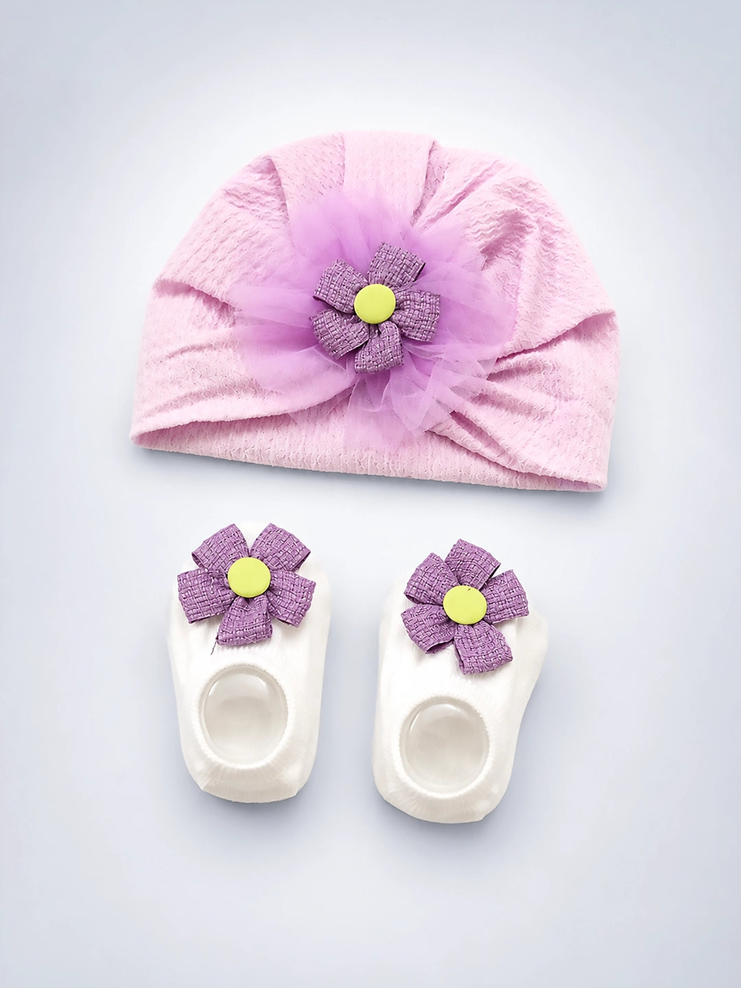 Pink Floral Turban Cap & Daisy Booties Set | Soft & Breathable | Baby Girls 0–12 Months