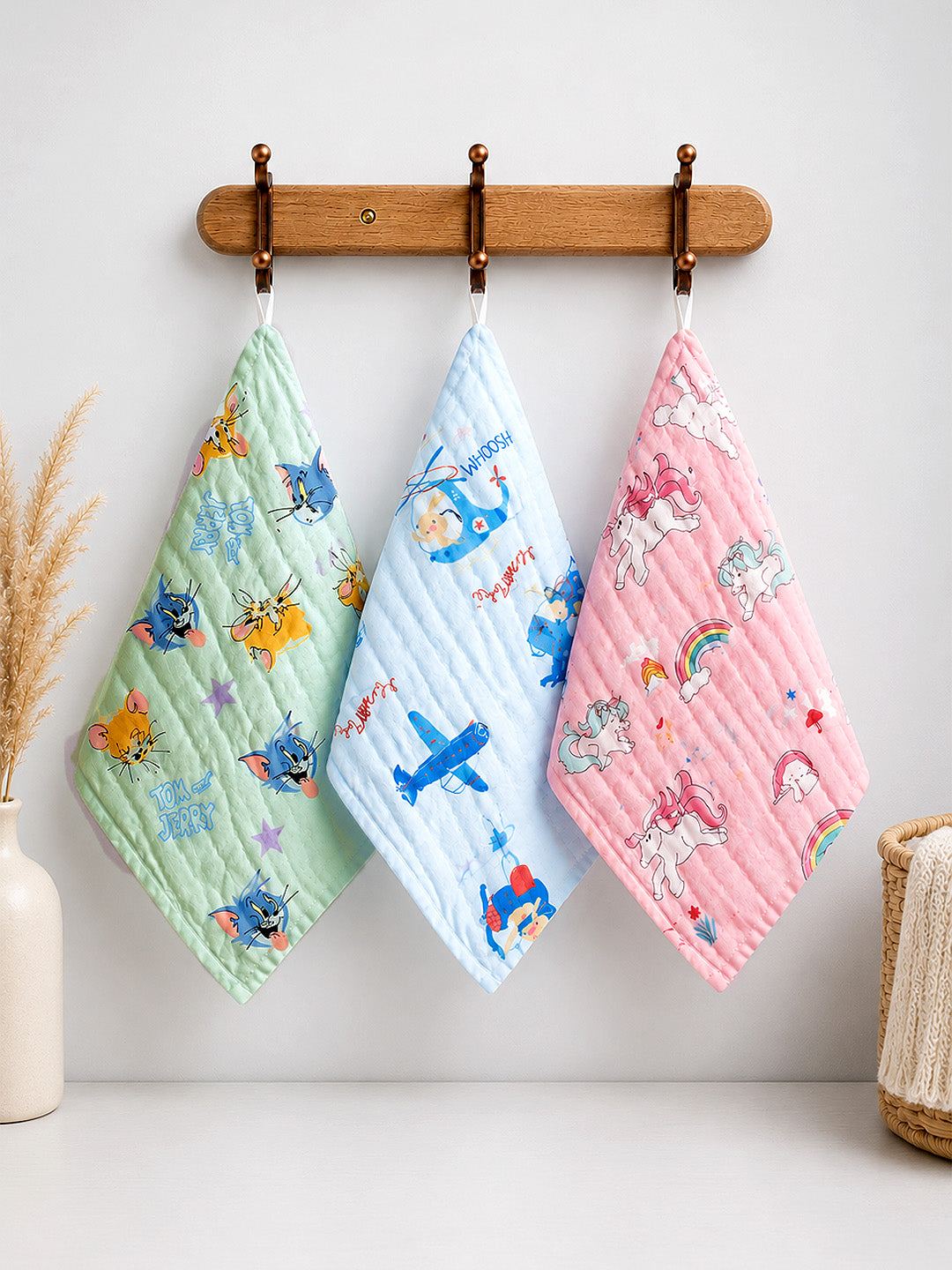 Tom & Jerry, Unicorn & Aeroplane 6-Layer Muslin Face Towel | Pack of 3 | Pure Cotton | 0–3 Yrs