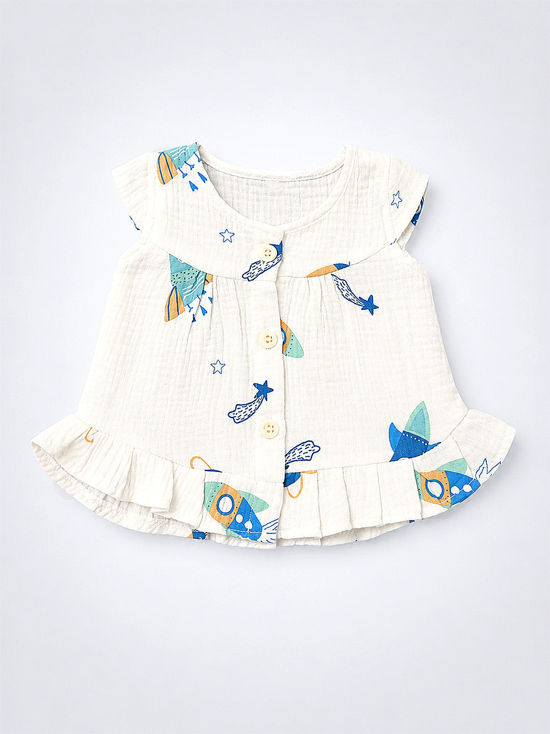 Space Rocket Baby Girl Muslin Frock | Flutter Sleeve | Ruffle Hem | 0–6 Months