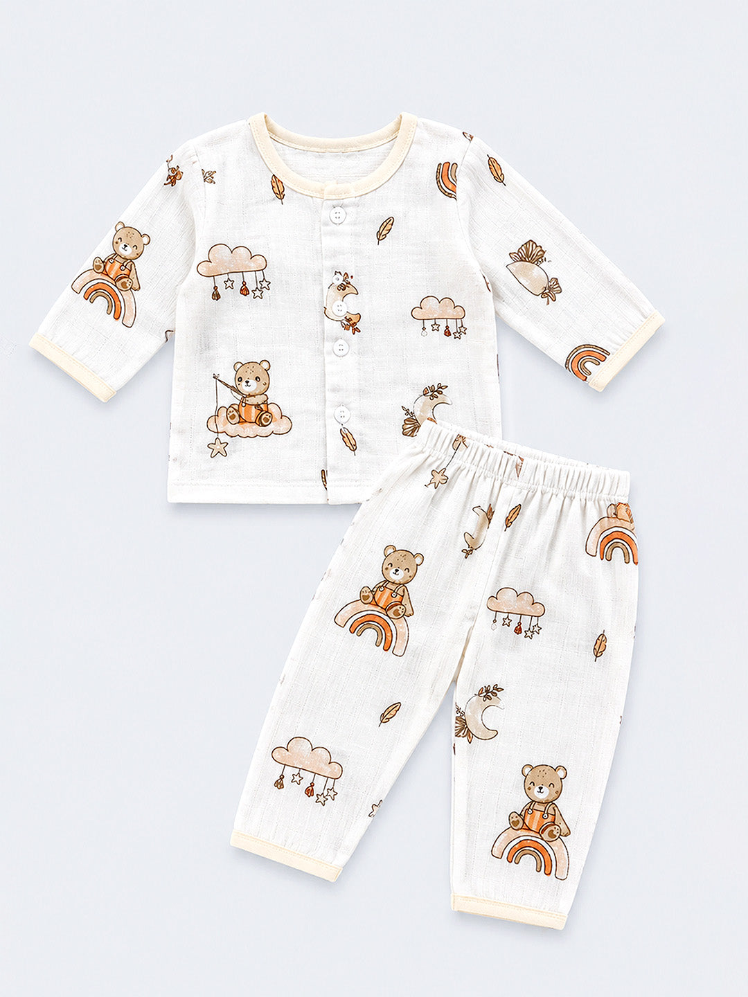 Rainbow Bear Baby Co-ord Set | 100% Muslin Cotton | Full Sleeve Top & Full Pants | 0–12 Months