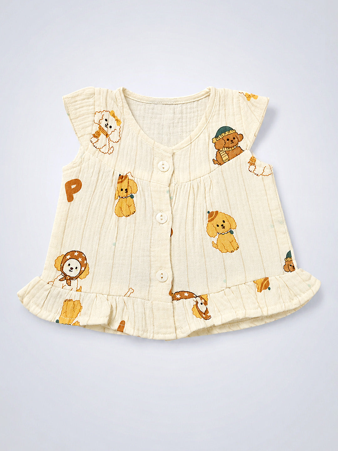 Puppy Print Baby Girl Muslin Frock | Sleeveless Flutter Sleeve Dress with Ruffle Hem | Button Placket