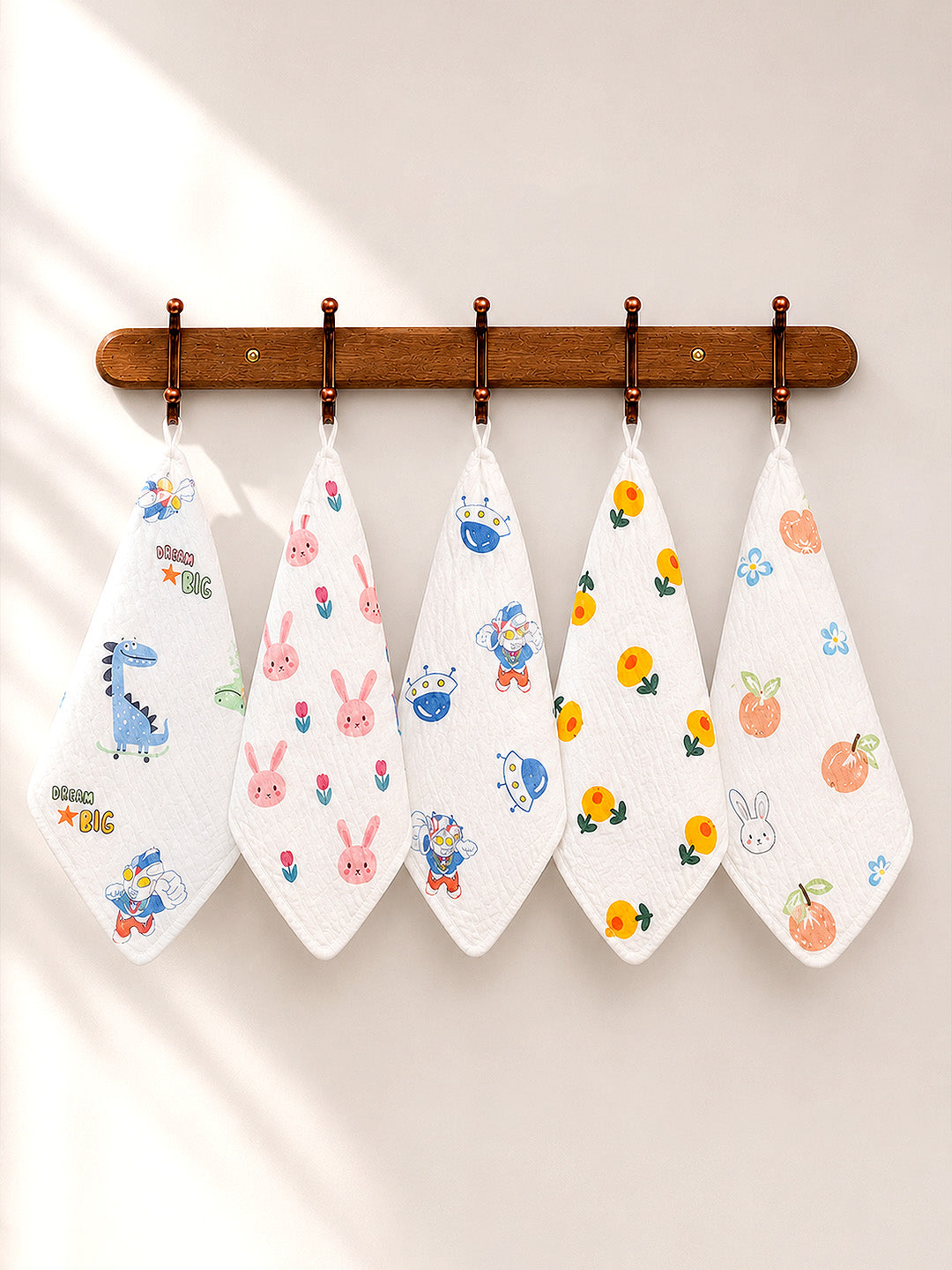 Cartoon Print Muslin Face Towel | Set of 5 | Pure Cotton | 0–3 Yrs