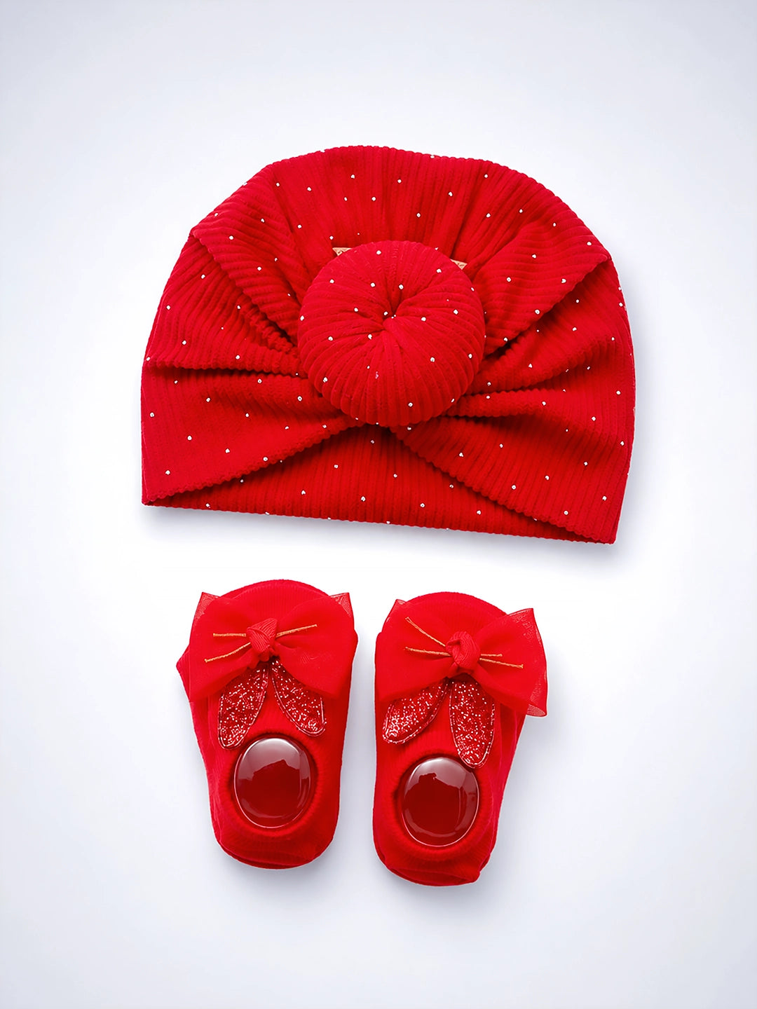 Red Sparkle Turban Cap & 3D Bow Booties Set | Soft Baby Girl Gift Set