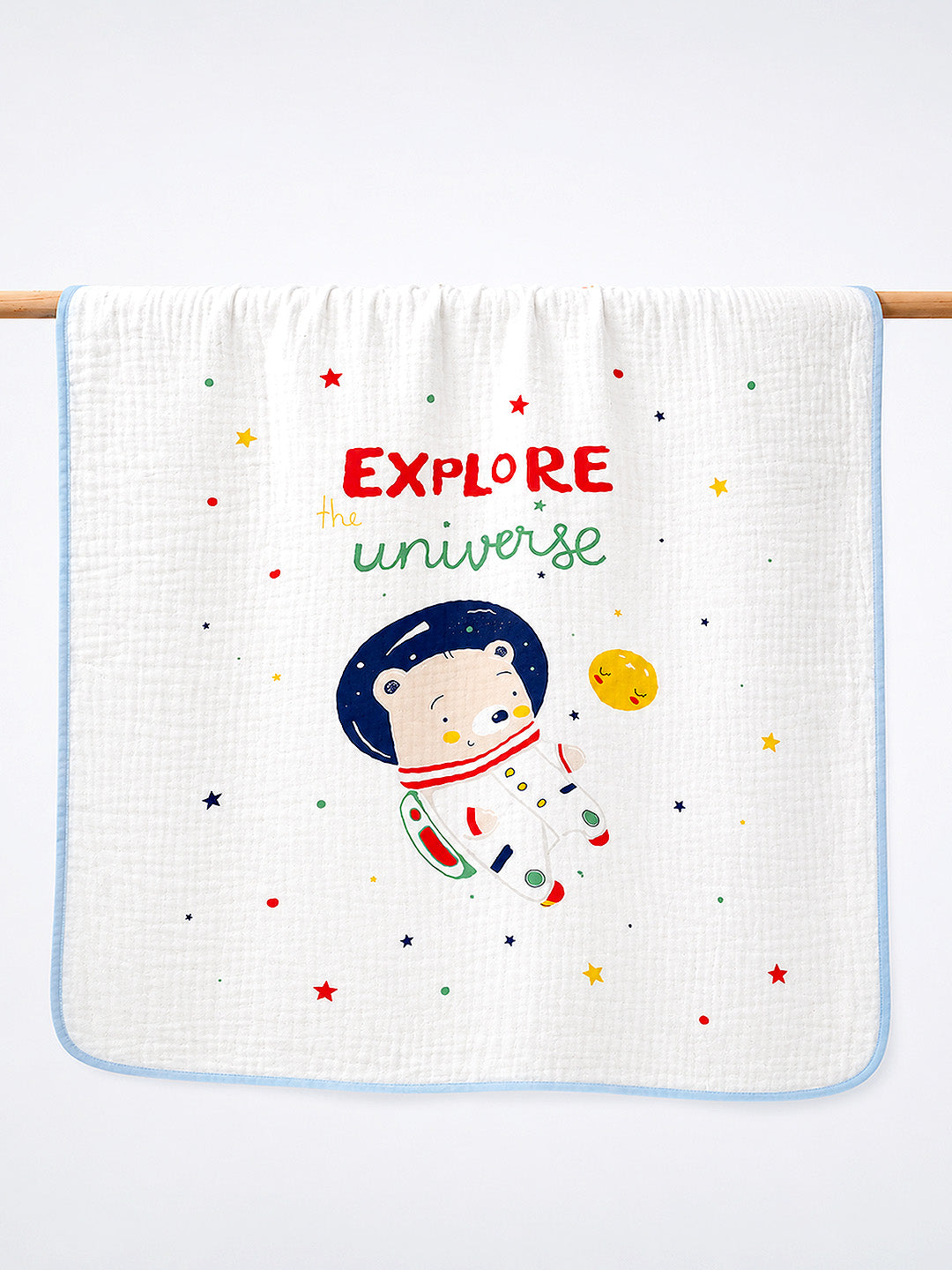 Explore the Universe Astronaut Bear 6-Layer Muslin Cotton Baby Blanket | All-Season | 102×102 cm