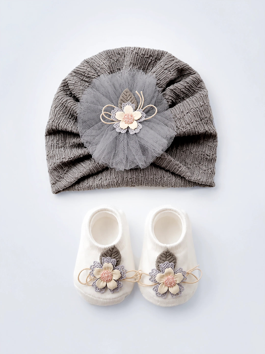 Gray Floral Turban Cap & Booties Set | Soft Knit Baby Gift Set | 0–12 Months