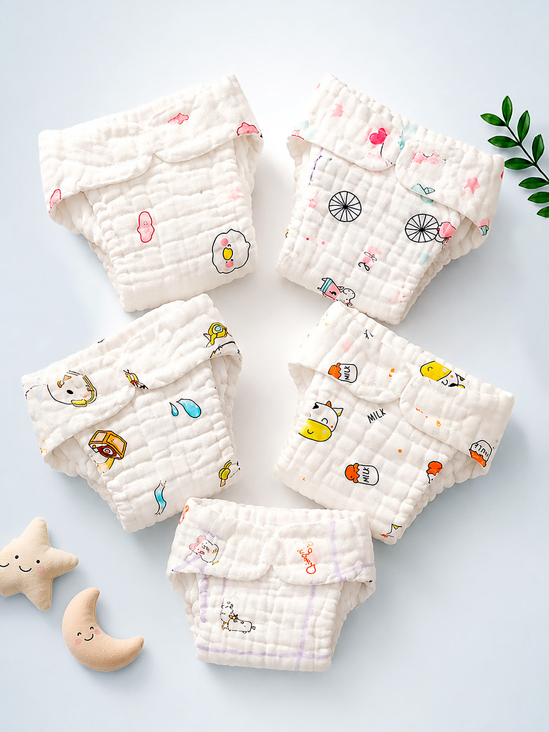 4-Layer Muslin Cloth Nappy | Pack of 5 | 100% Pure Cotton | Reusable | Cute Prints