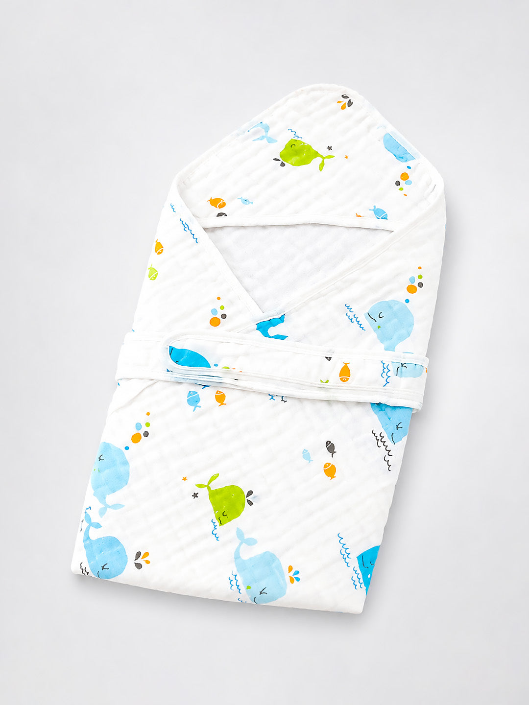 Happy Whales Hooded Swaddle Blanket | 6-Layer Muslin Cotton | Newborn Wrap
