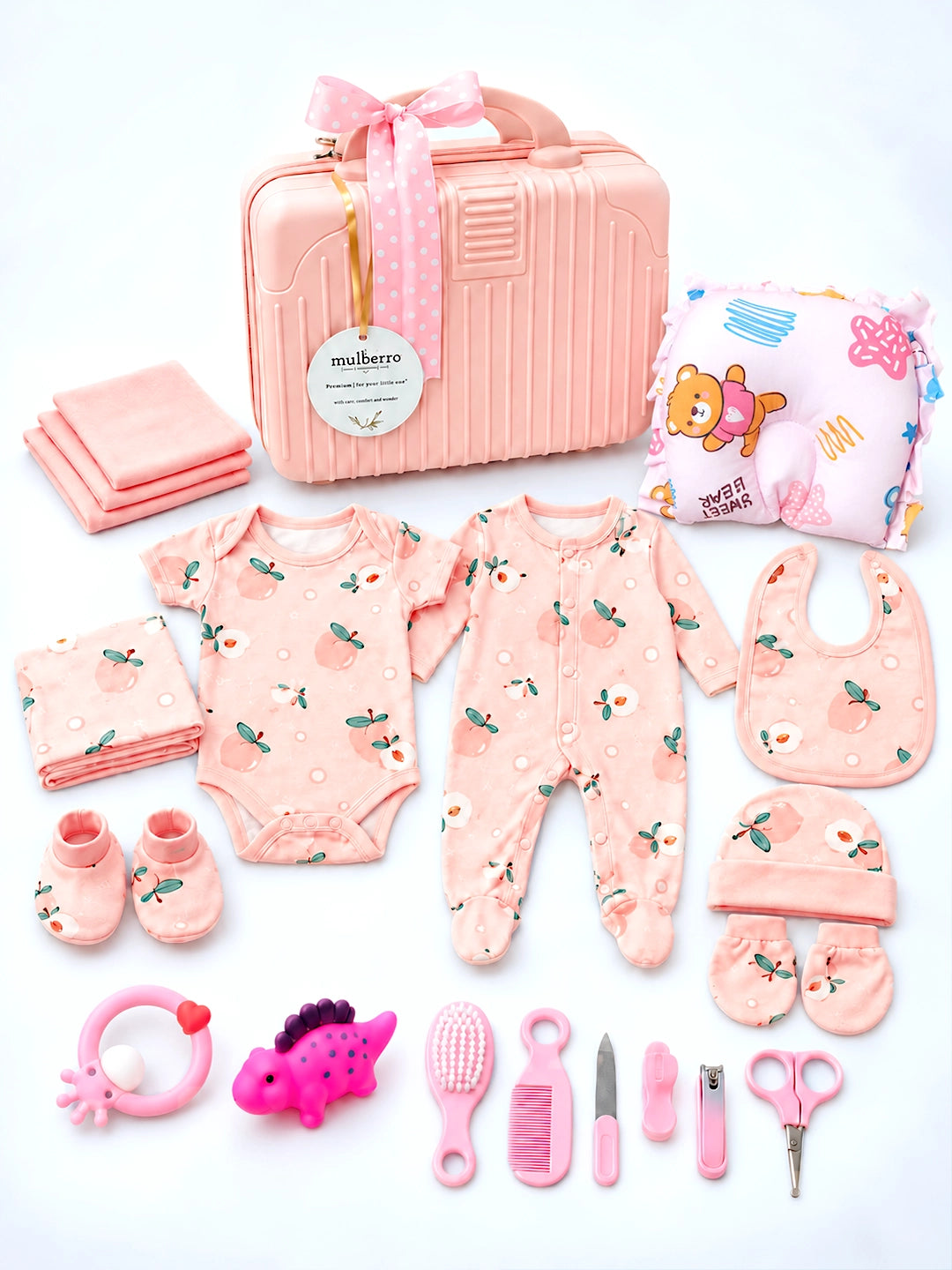 Newborn | Welcome Baby | Baby Shower | 22-Piece Gift Set | Pure Cotton | Good Morning Pink Suitcase | Baby Girl | 0–3 Months