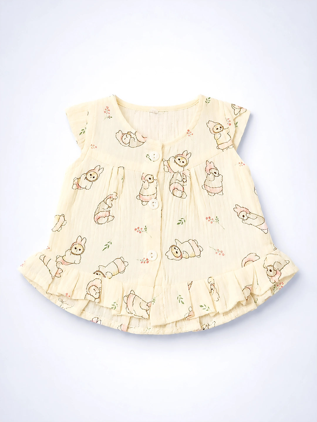 Bunny Bear Baby Frock | Muslin Cotton | Sleeveless Ruffle Hem Dress | 0–6 Months