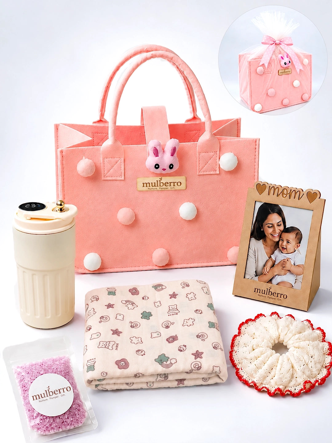 New Mom 6-Piece Baby Shower Gift Hamper | Pink Bunny Felt Tote Bag