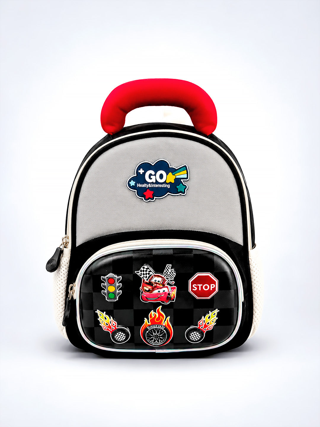 Racing Car Kids Backpack with 3D Front Pocket & Padded Handle – Black & Grey