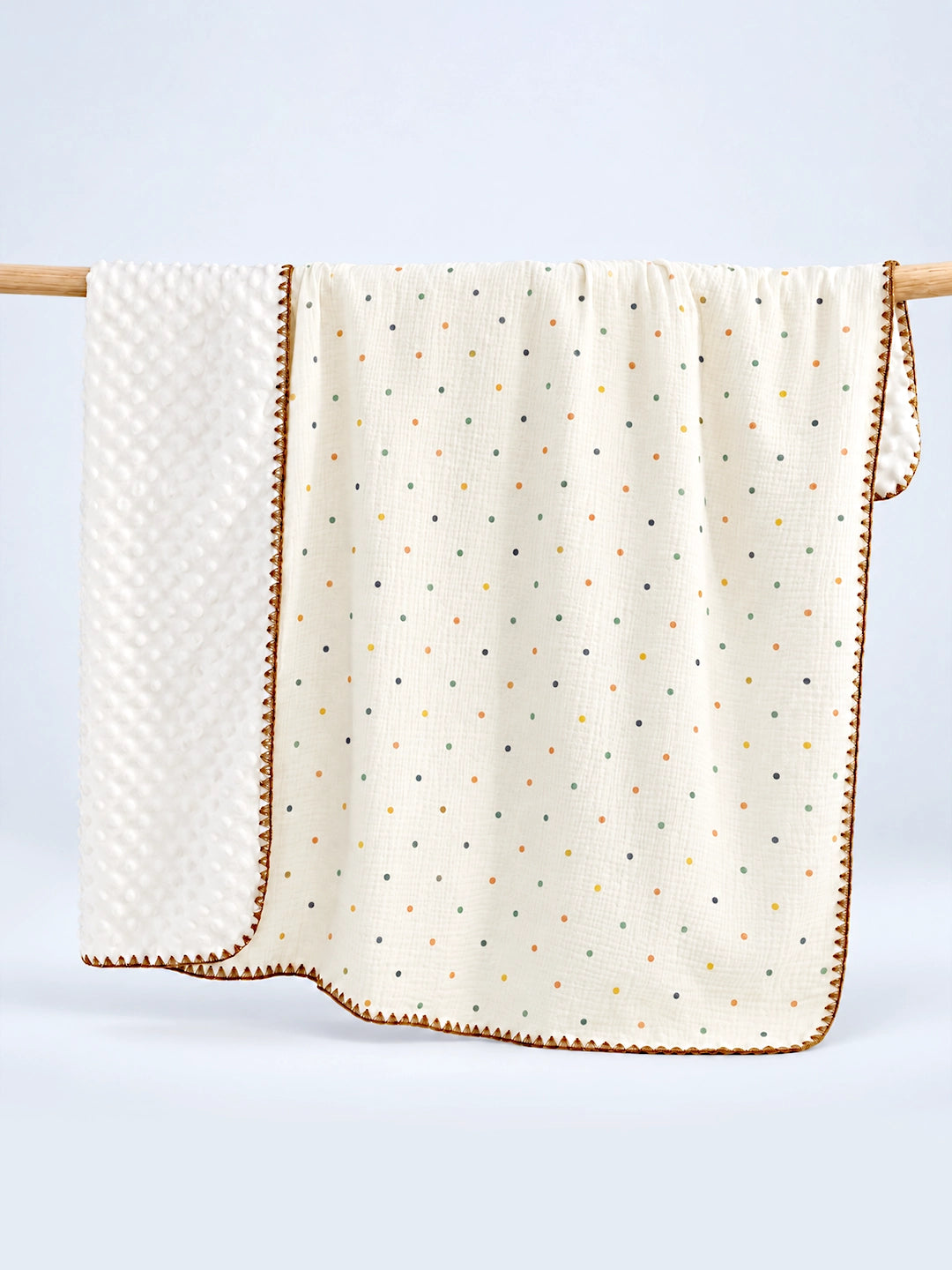 Confetti Dots Ivory Super Soft Muslin Cotton Baby Blanket | All-Season | Tan Border | 102×102 cm