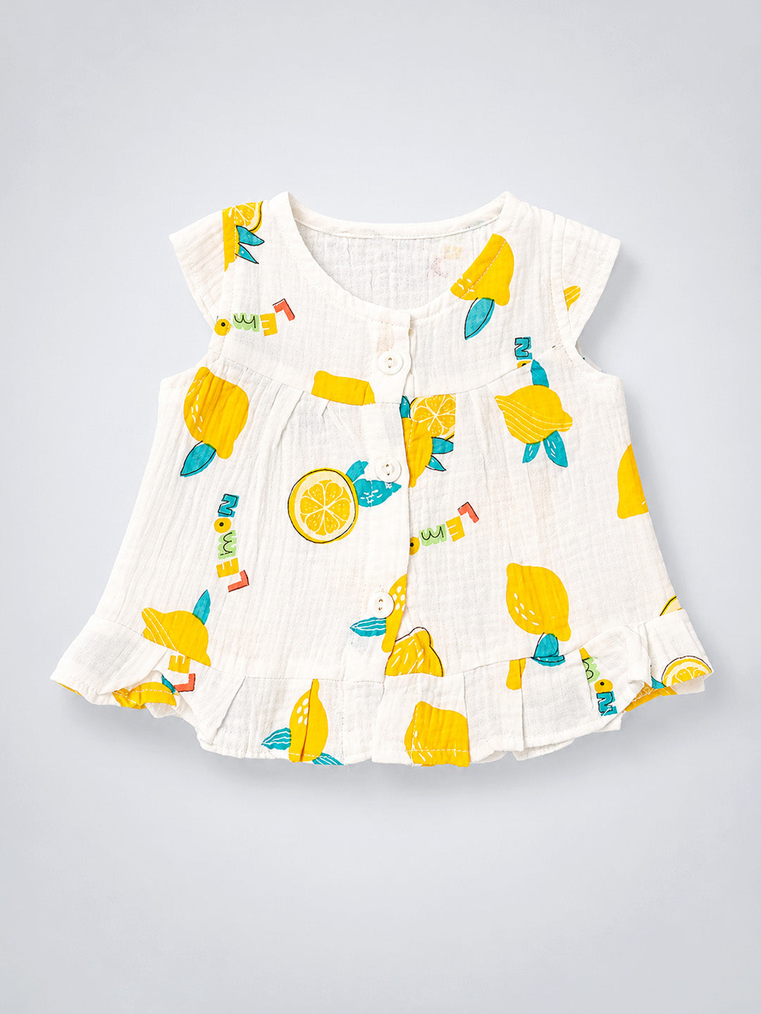 Lemon Print Baby Girl Muslin Frock | Sleeveless Flutter Sleeve Dress | Button Placket & Ruffle Hem