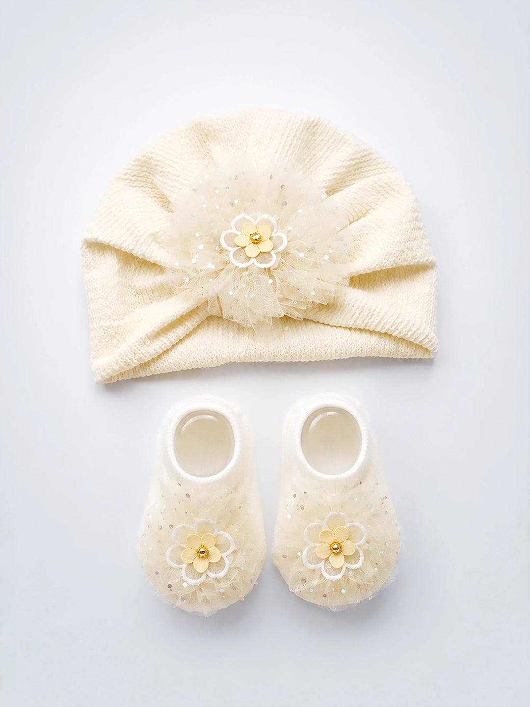 Cream Floral Turban Cap & Booties Set | Soft & Breathable | Baby Girls 0–12 Months