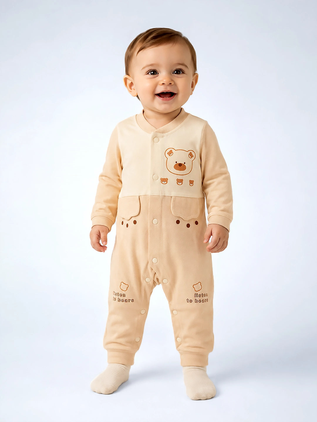 Bear Print Baby Romper | Full Sleeve | Snap Button | Footless | 0–12 Months