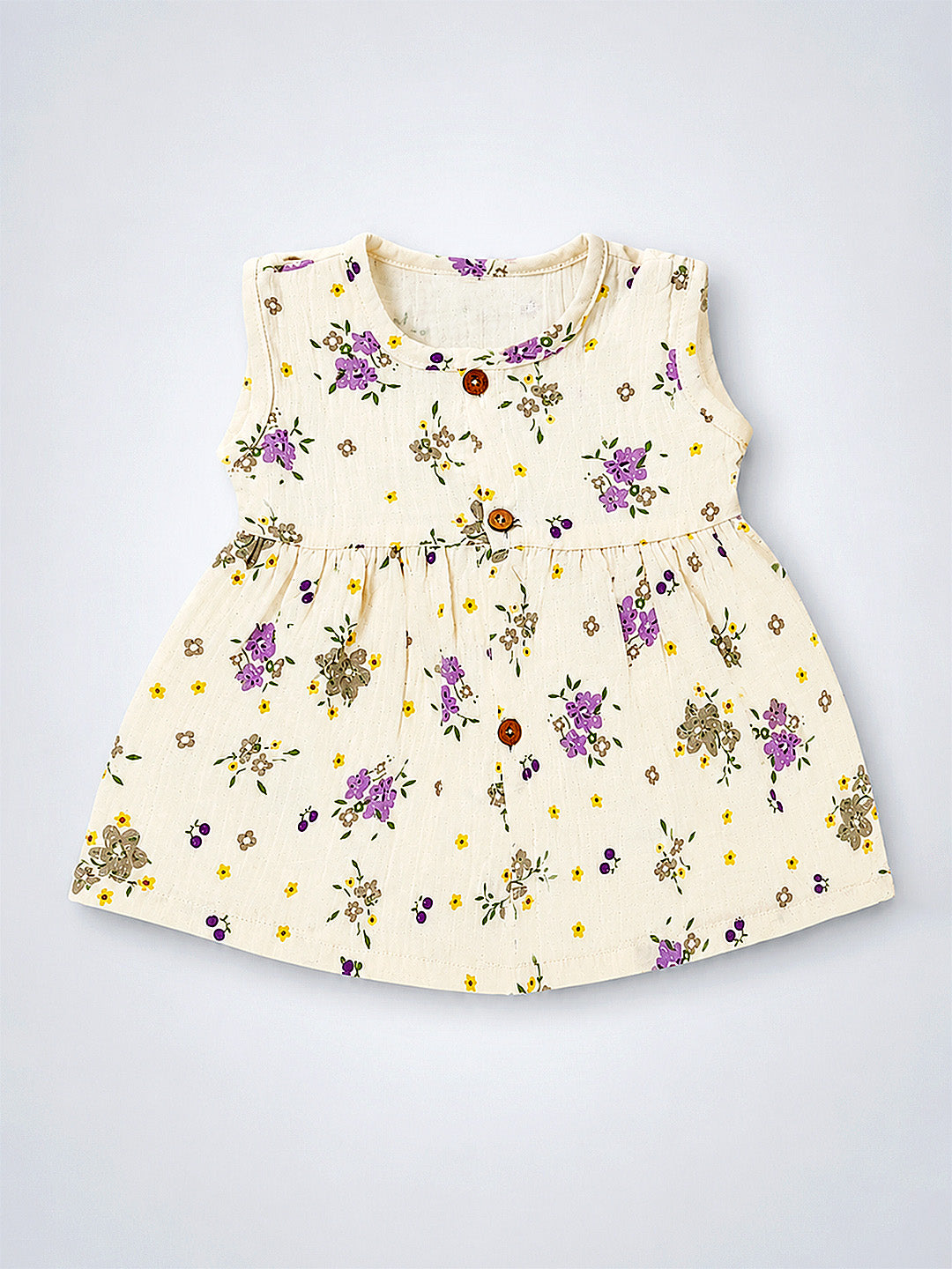 Floral Muslin Cotton Frock for Baby Girls | Sleeveless A-Line Dress | Wooden Buttons | 0–12 Months