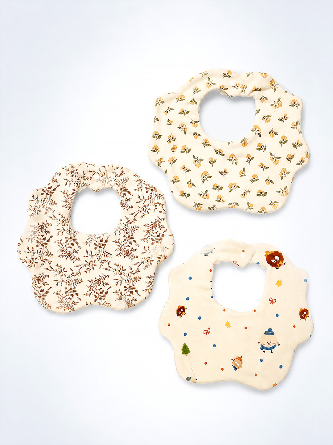 Floral & Friends Print 3-Piece Muslin Cotton Baby Bibs | Snap Closure | Drool & Burp Bib