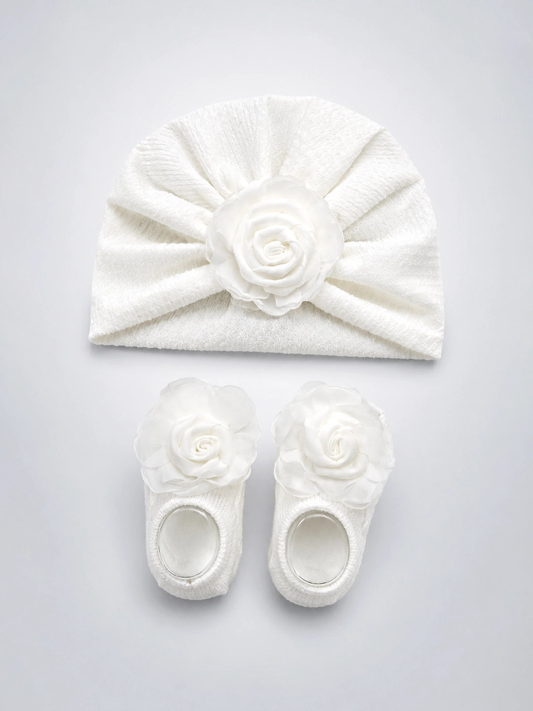 White Floral Turban Cap & Booties Set | Baby Girl Gift Set | 0–12 Months