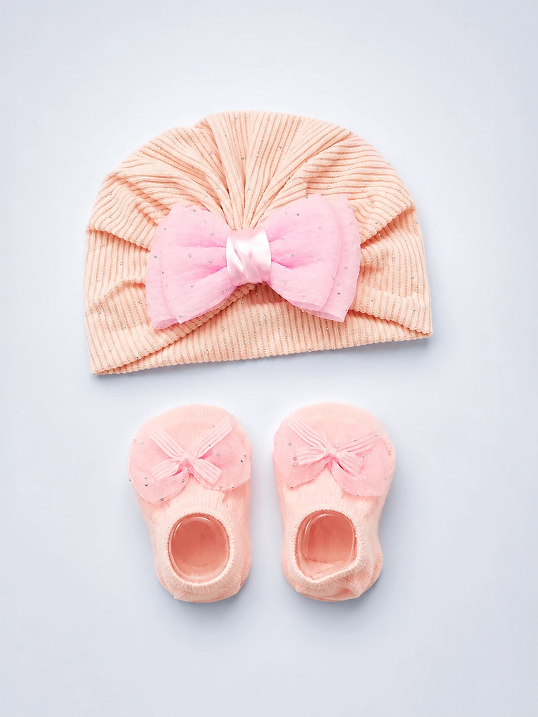Pink 3D Bow Baby Turban Cap & Booties Gift Set | Soft & Sparkly | Baby Girls