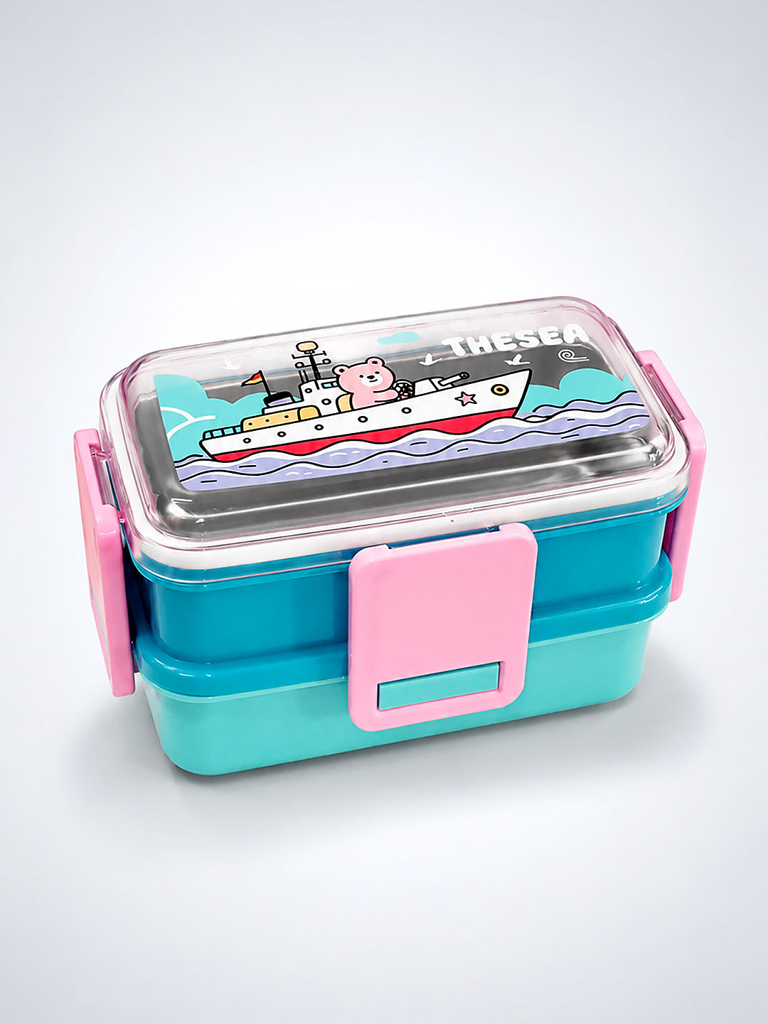 Sea Adventure Bear 2-Tier Kids Lunch Box | Stainless Steel | Leak-Proof | Spork & Sauce Box Included