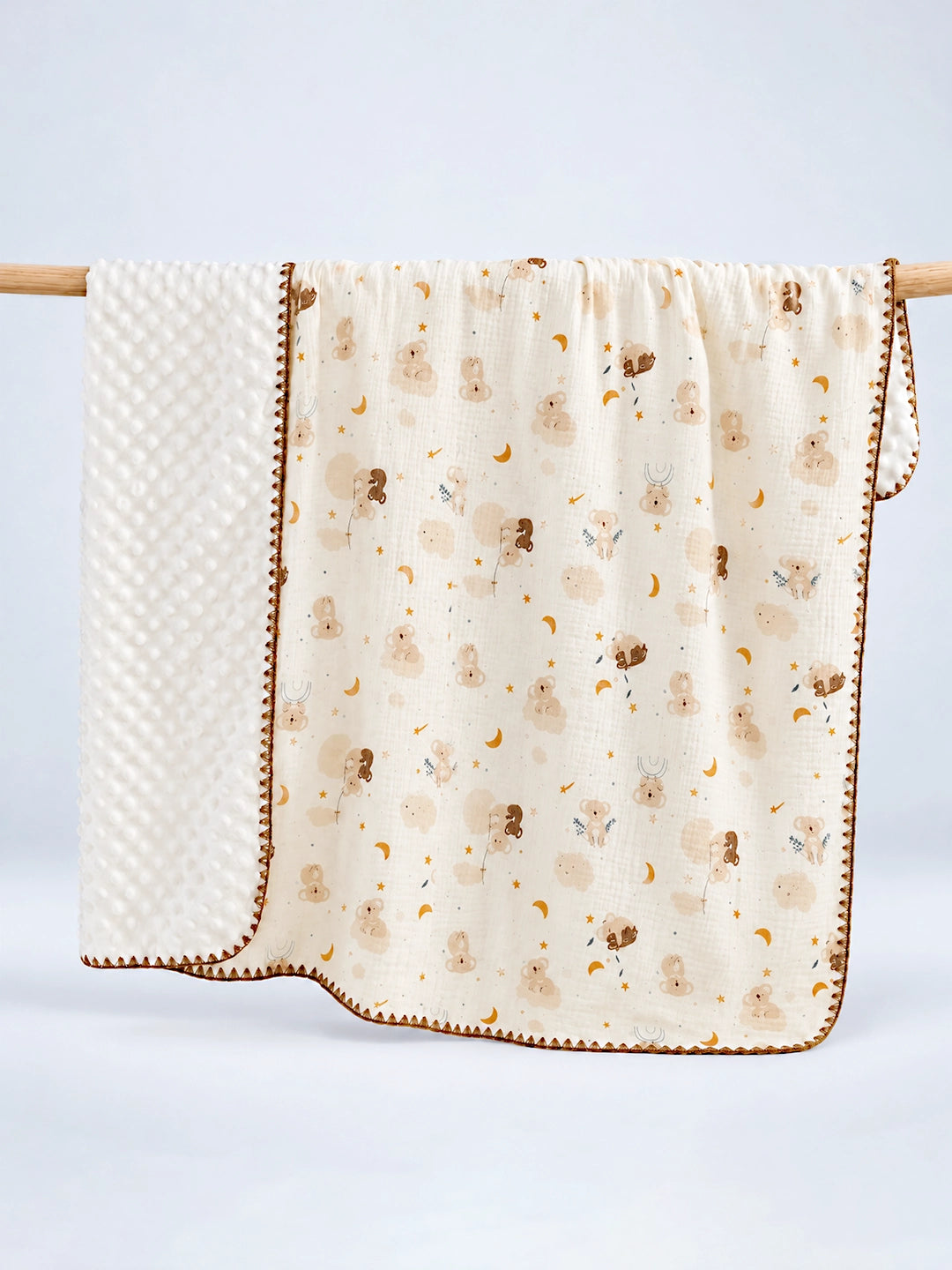 Dreamy Koala & Stars Super Soft Muslin Cotton Baby Blanket | All-Season | Ivory & Gold | 102×102 cm