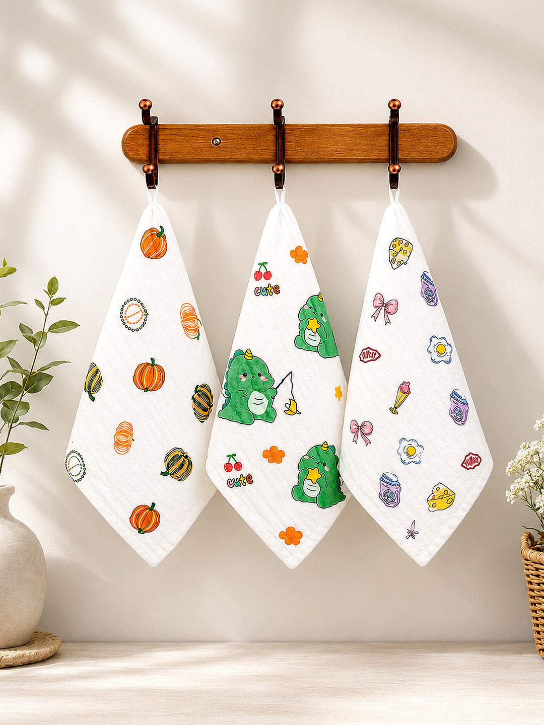 Dino, Pumpkin & Yummy Print 6-Layer Muslin Face Towel | Set of 3 | Pure Cotton | 0–3 Yrs