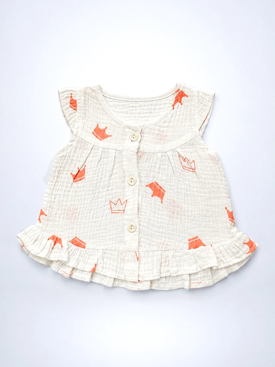 Little Princess Baby Frock | Muslin Cotton | Crown Print | Flutter Sleeves & Ruffle Hem | 0–6 Months