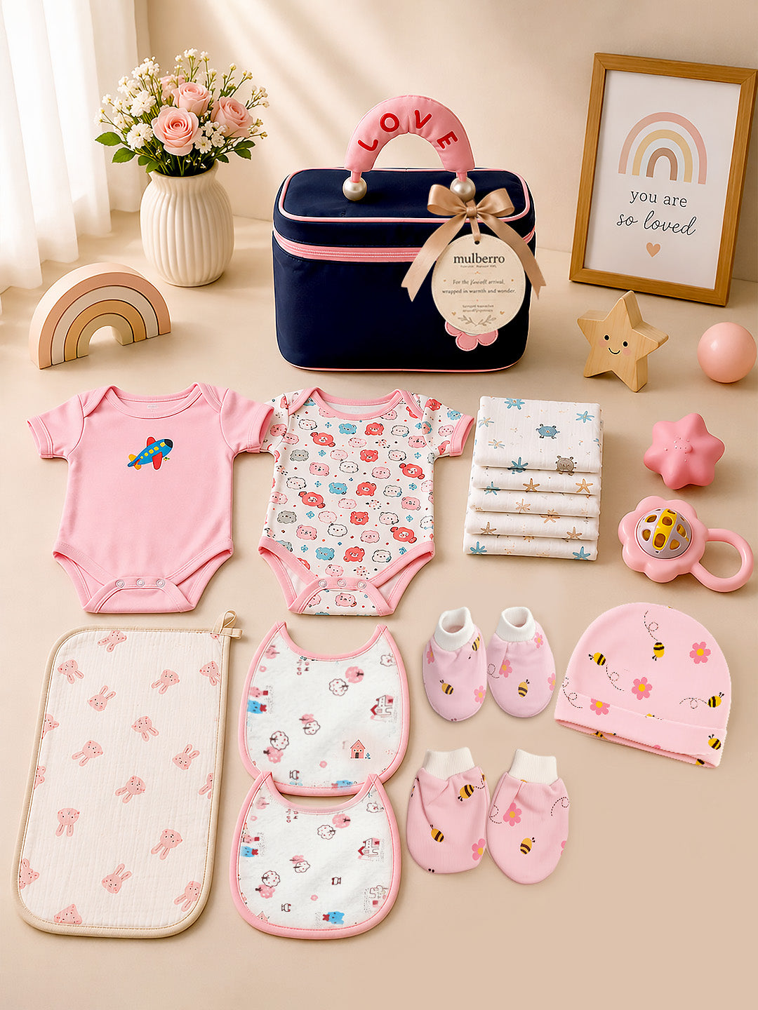 Welcome Baby 18-Piece Newborn Baby Girl Gift Hamper | Pure Cotton | 0–3 Months