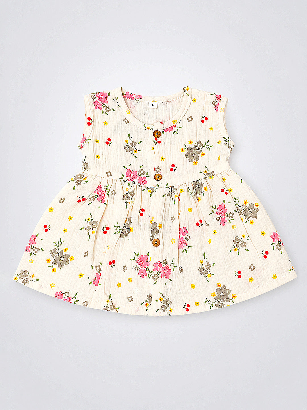 Floral Ditsy Baby Girls Muslin Frock | Sleeveless A-Line Dress | Wooden Buttons | 0–12 Months