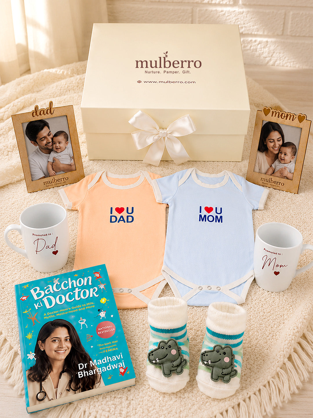 New Parent Gift Hamper 10-Piece | "I Love You Mom & Dad" Baby Onesies, Mugs, Wooden Photo Frames & More