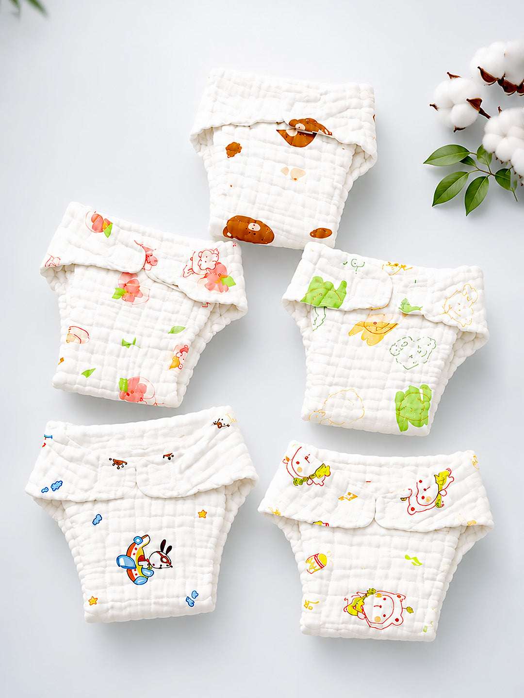 4-Layer Muslin Cloth Nappy | Cute Prints | Pack of 5 | 100% Pure Cotton | Reusable Baby Diaper