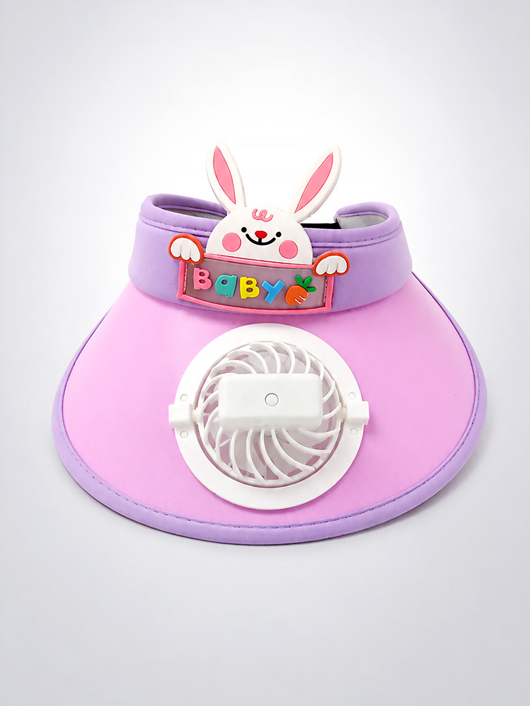 Pink Purple 3D Bunny Kids Sun Visor Cap with Built-In Fan | Adjustable | Girls 2–6 Years