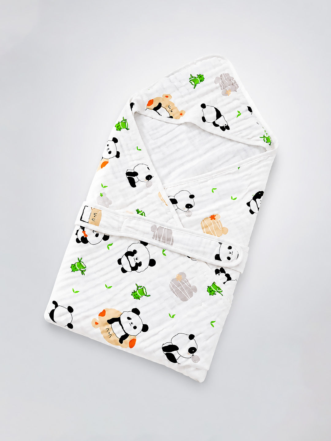 Playful Panda 6-Layer Muslin Cotton Hooded Baby Swaddle Blanket | All-Season