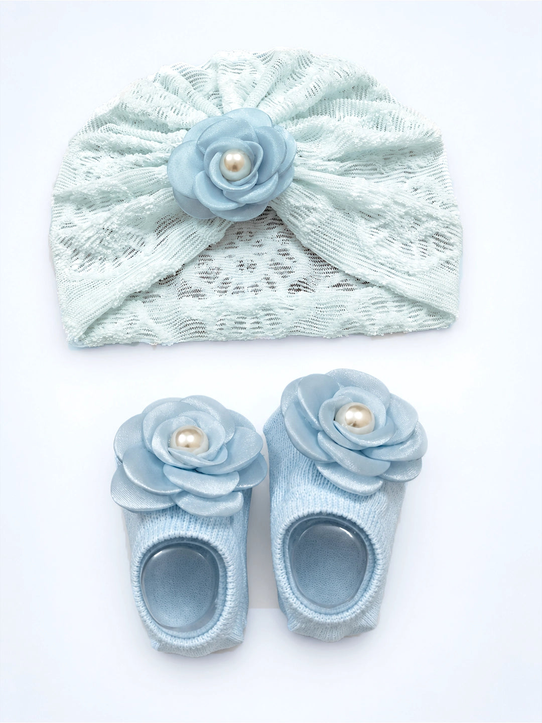 Blue 3D Rose Turban Cap & Pearl Flower Booties Set | Lace Knit | Baby Girls 0–12 Months