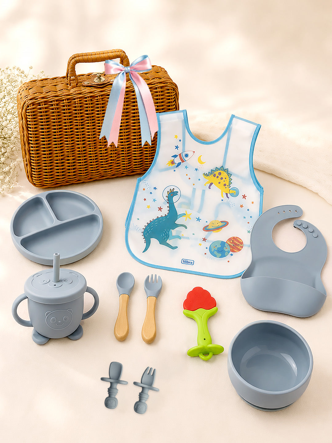 11-Piece Little Foodie Baby Weaning Gift Hamper | Silicone Feeding Set | Dino Space Theme | Cane Basket | 0-24 Months