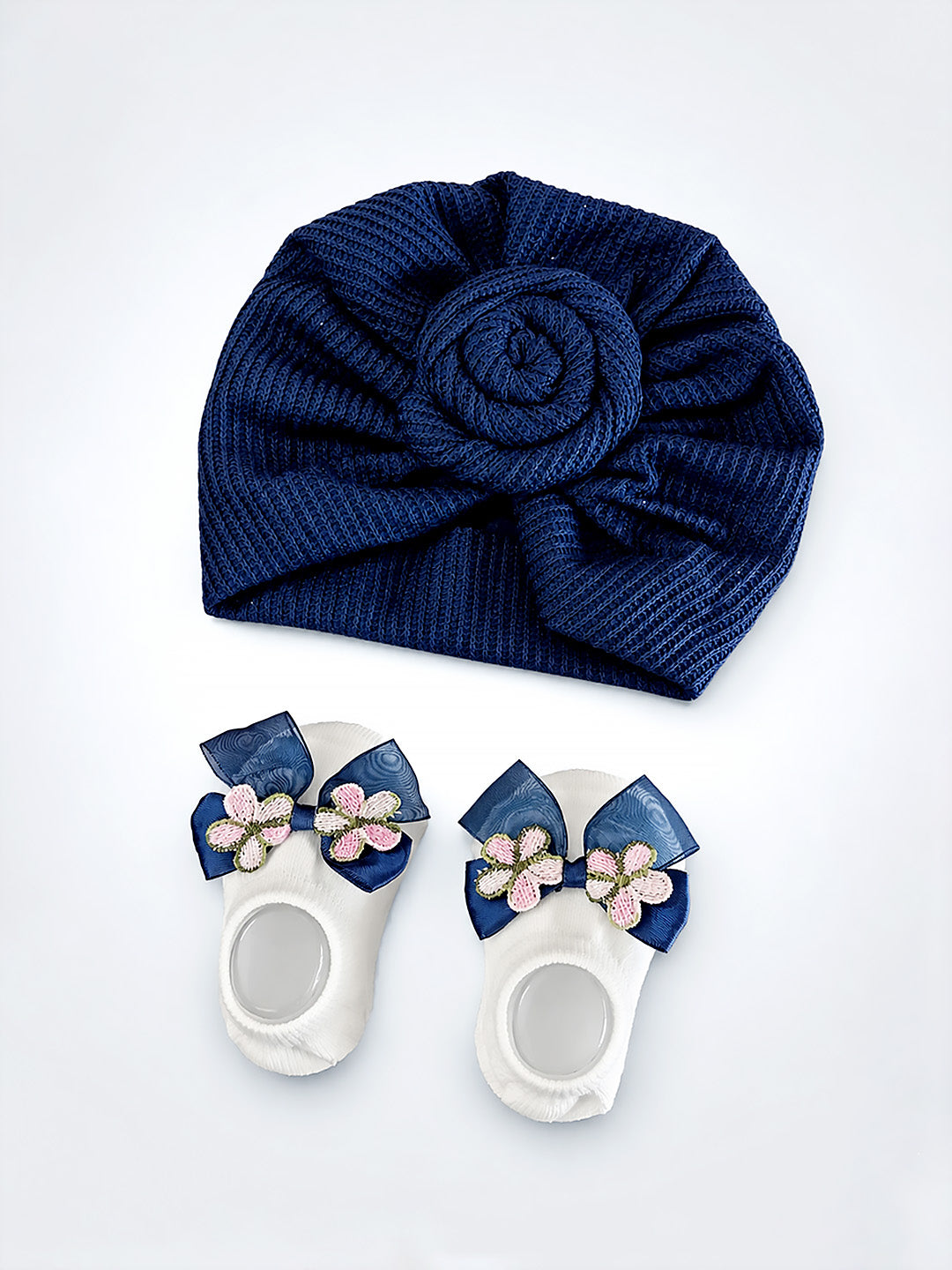 Baby Girl Soft Turban Cap & 3D Floral Booties Set | Navy Blue | Infant Party Wear Gift Set
