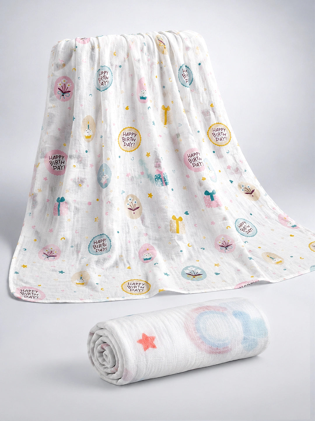 Muslin Cotton Baby Swaddle Set Of - 2 | Breathable & Soft | Happy Birthday Celebration Design