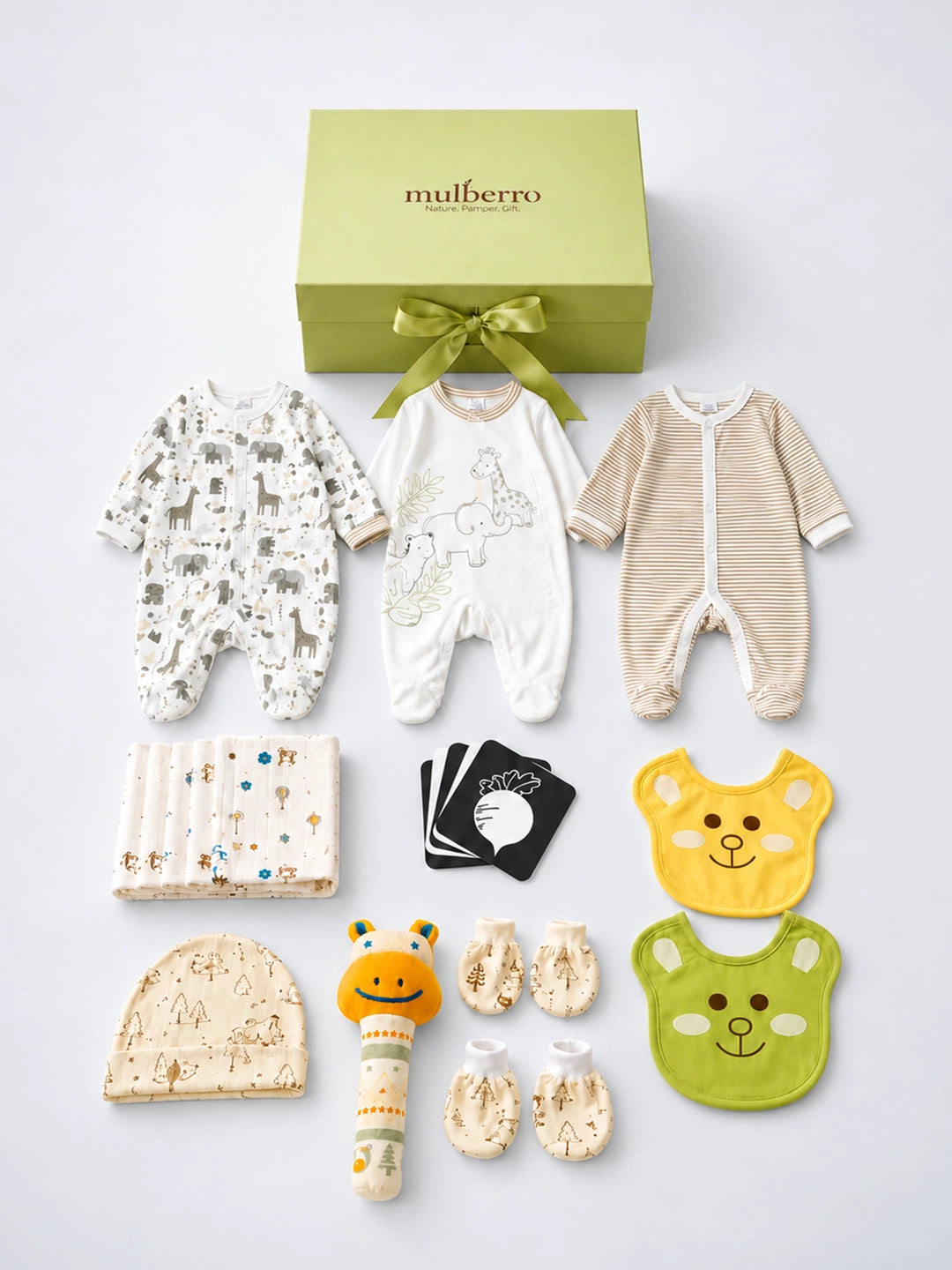 Newborn | Growing Baby | Naming Ceremony | 18-Piece Pure Cotton Gift Set   | Green Box | 0–6 Months