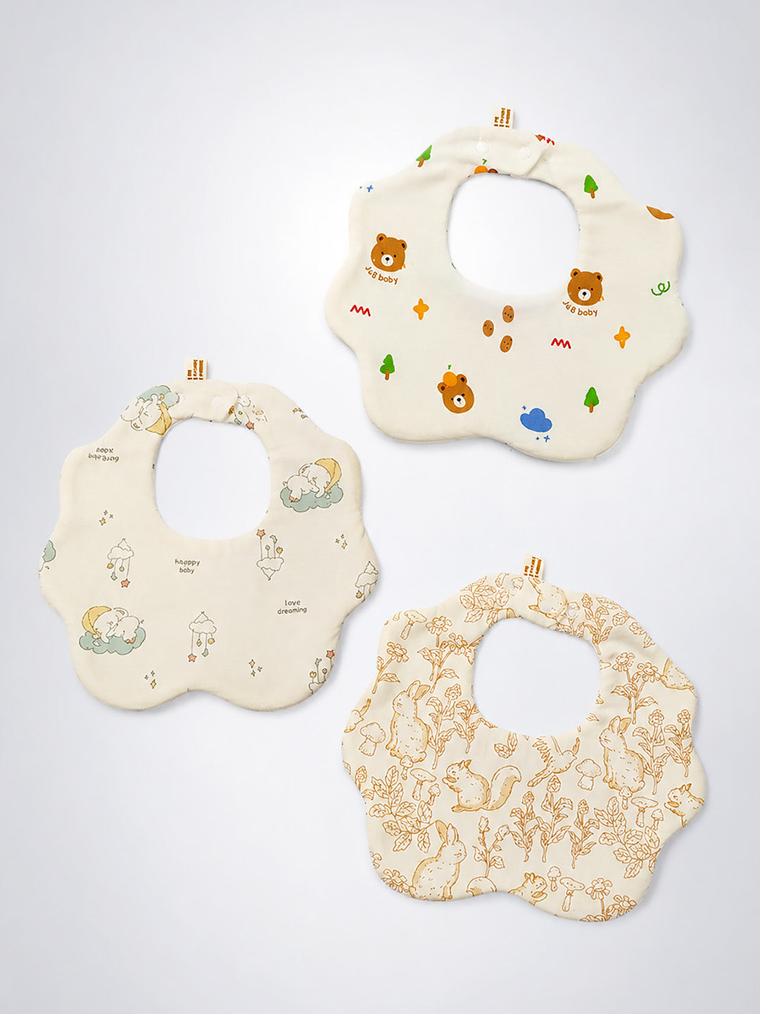 Bear, Elephant & Forest 3-Piece Muslin Baby Bibs | Snap Closure | Drool & Feeding Bib