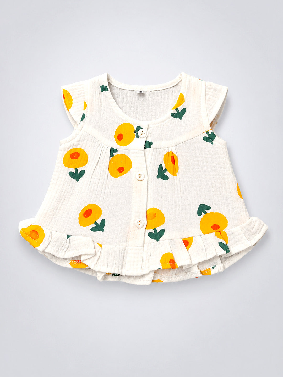 Sunny Flower Baby Girl Muslin Frock | Sleeveless Flutter Sleeve Dress with Ruffle Hem | Button Front