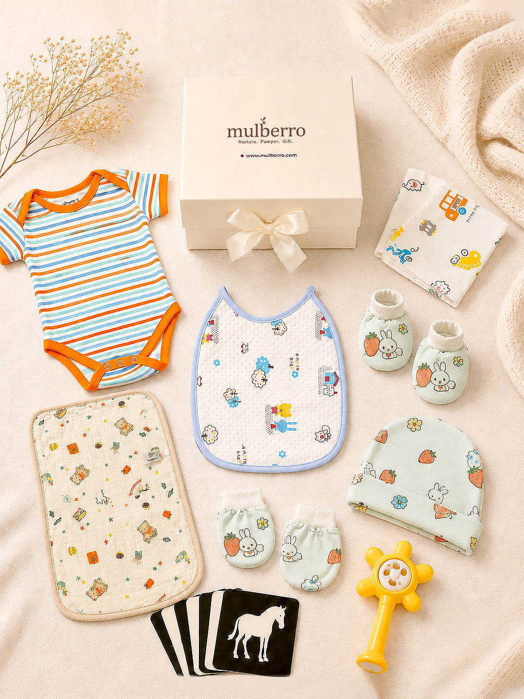 Welcome Baby 13-Piece Newborn Gift Hamper | Unisex | Cotton Essentials + Sensory Toys | 0–3 Months