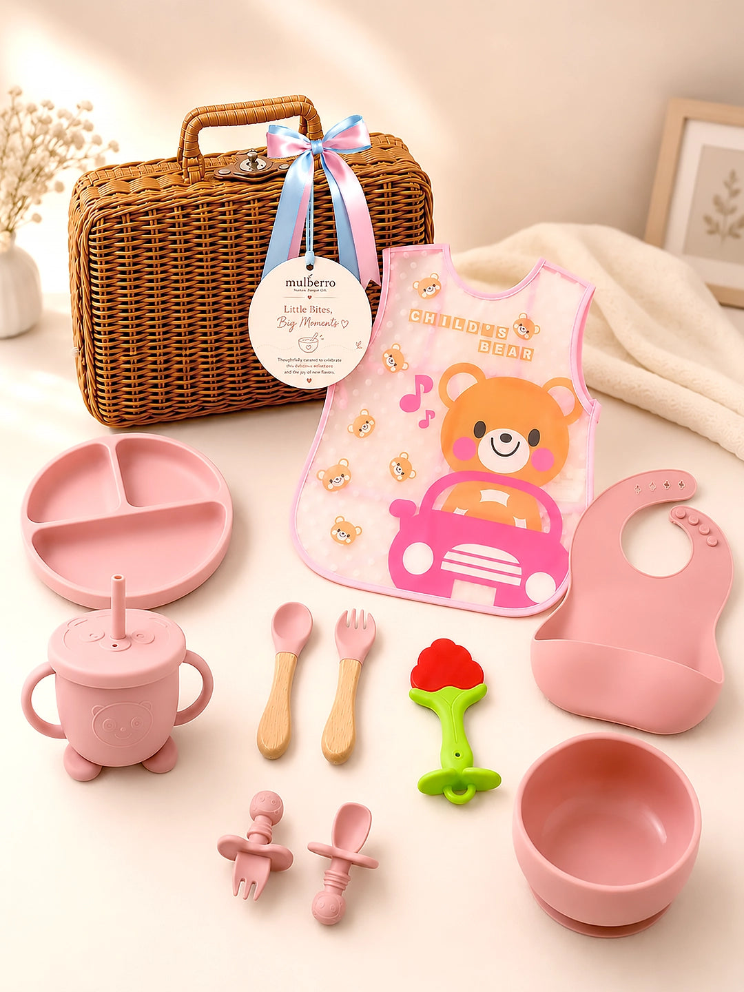 11-Piece Little Foodie Baby Weaning Gift Hamper | Silicone Feeding Set | Cane Basket | 0-24 Months