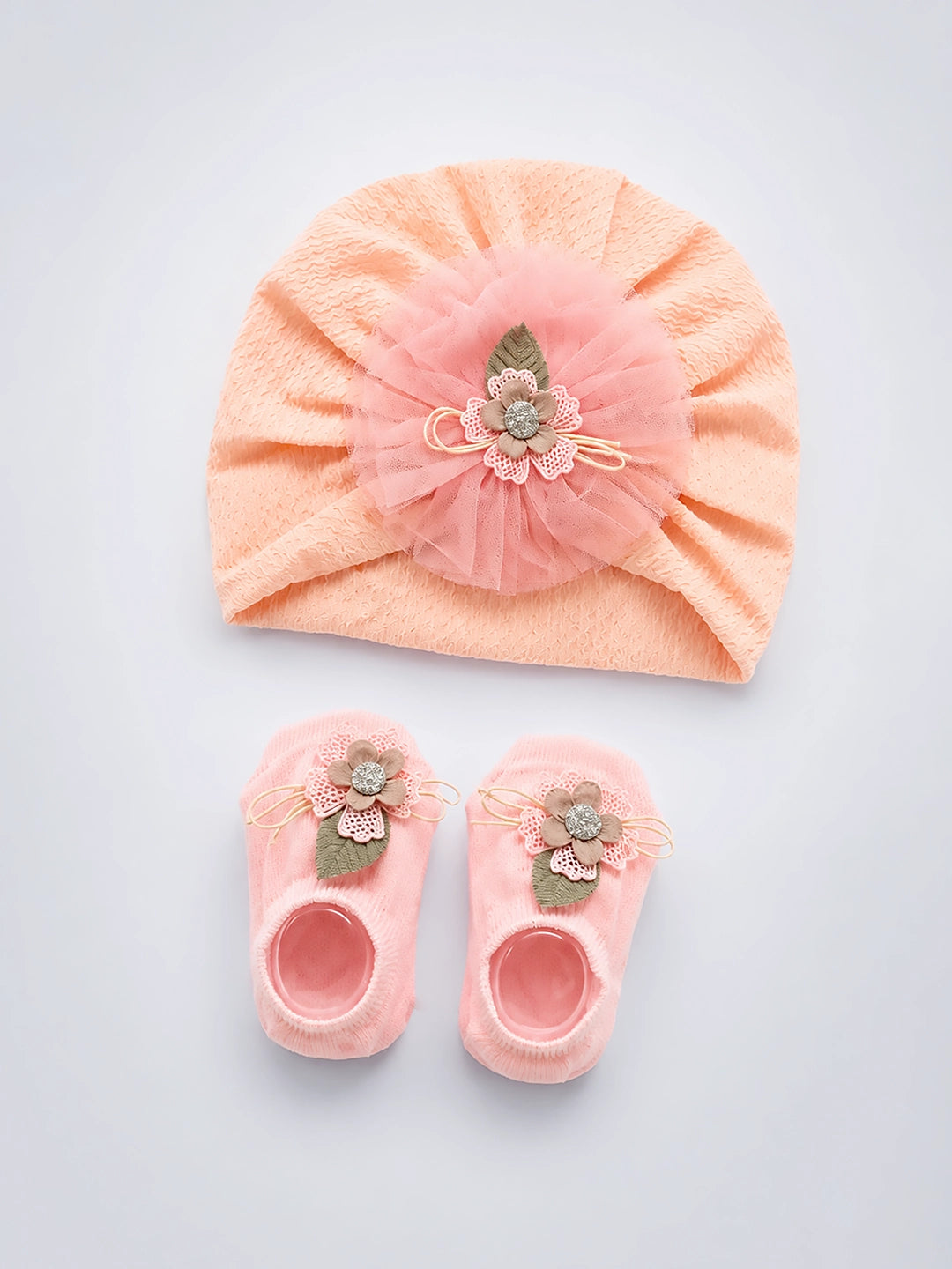 Peach Floral Turban Cap & Booties Gift Set | Soft & Breathable | Baby Girls 0–12 Months