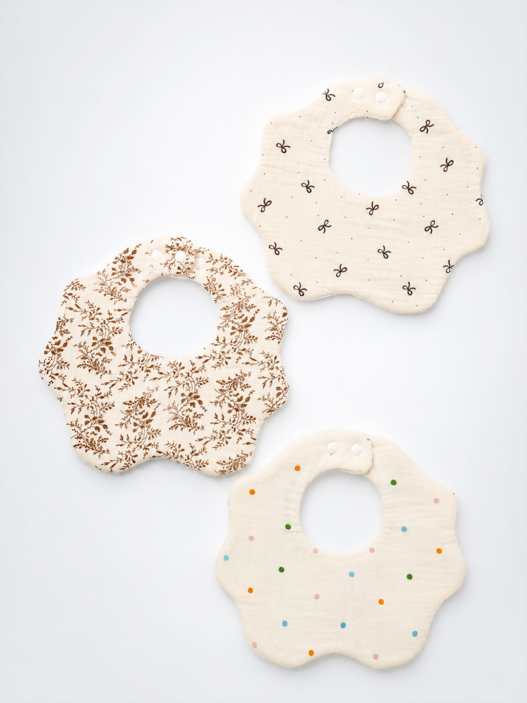 Floral, Bow & Confetti Dots 3-Piece Muslin Cotton Baby Bibs | Snap Closure | Drool & Burp Bib