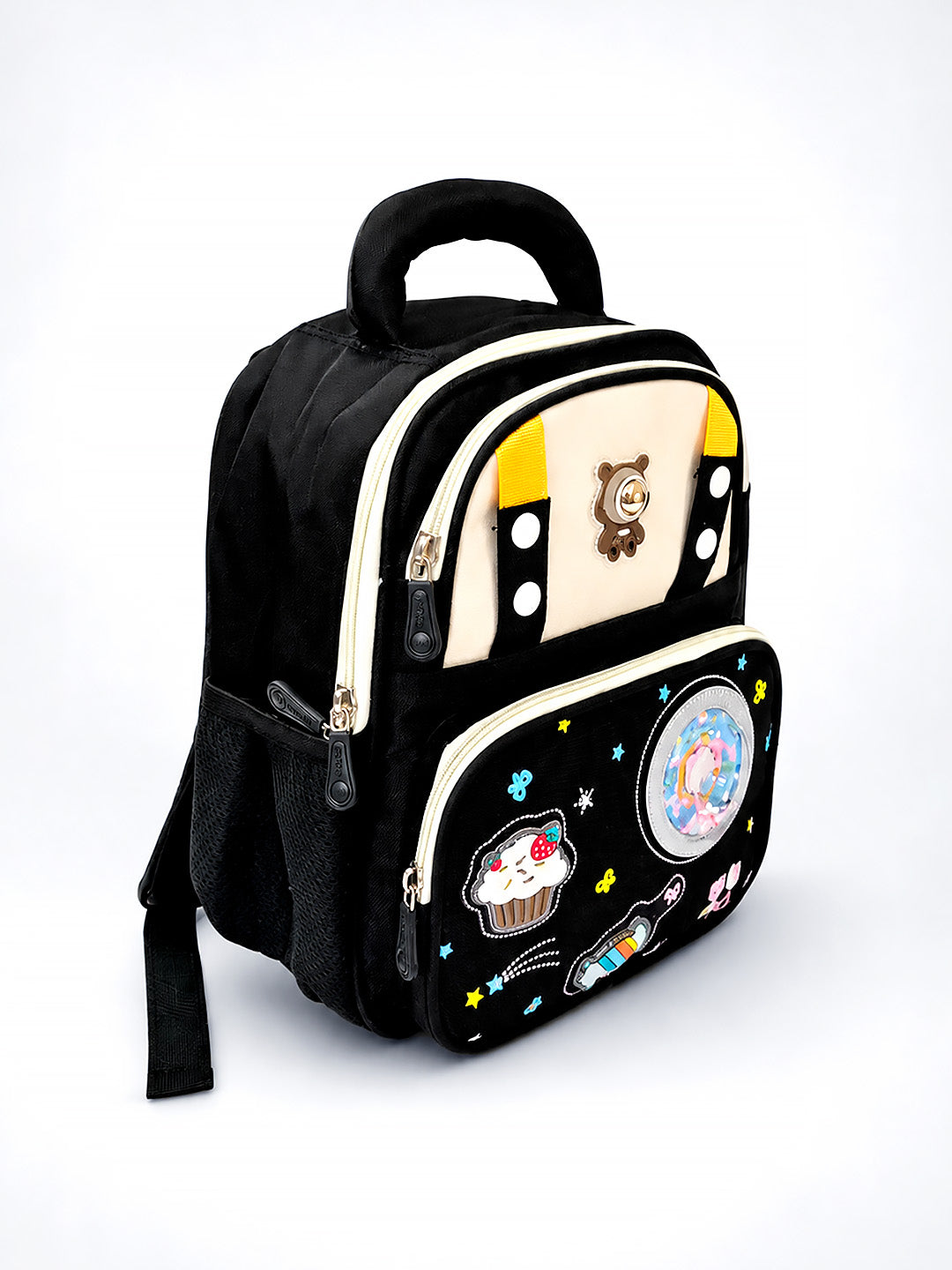 Kids LED Bear School Backpack – Black & Beige Cupcake Patch
