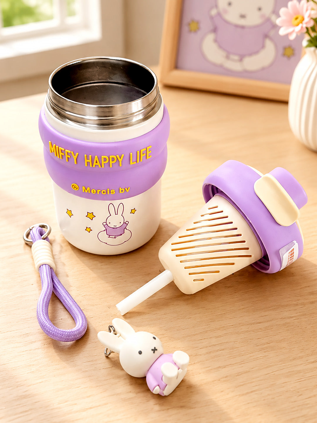 Miffy Happy Life Kids Stainless Steel Tumbler — 480ml | Dual Lid, Infuser & Carry Strap