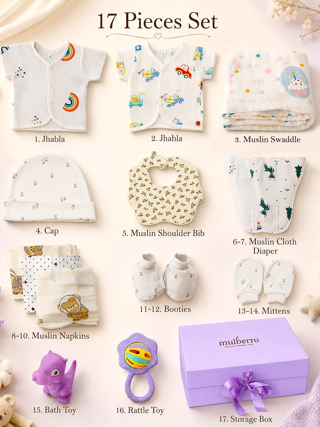 Newborn | Exclusive Muslin Cotton  |17-Piece Gift set  | Gift Box | Unisex | 0–6 Months