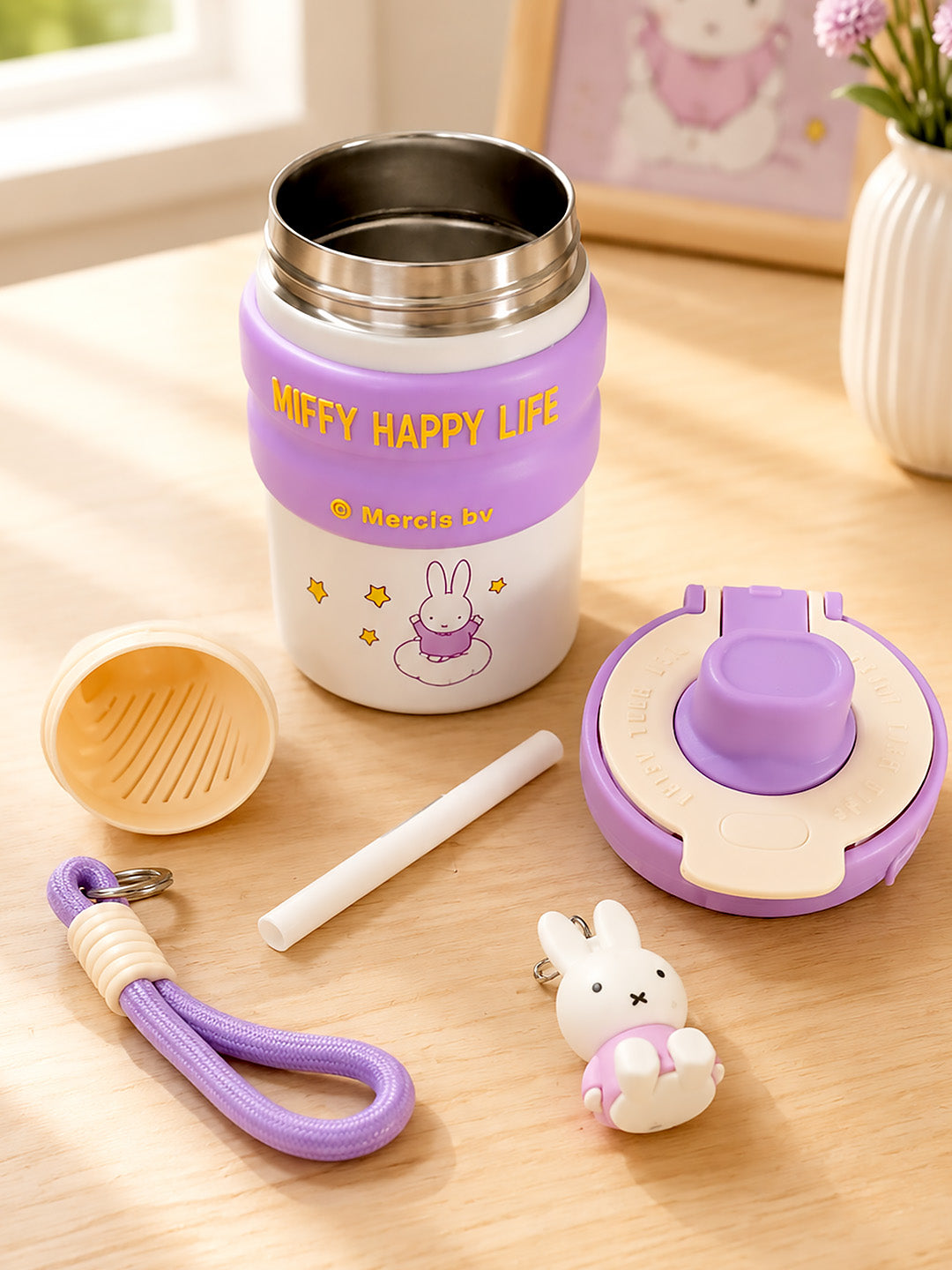 Miffy Happy Life Kids Stainless Steel Tumbler — 480ml | Dual Lid, Infuser & Carry Strap