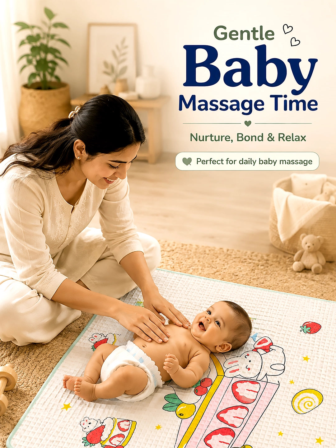 Baby Massage & Play Mat | Strawberry Bunny Print | Green | Waterproof Natural Latex
