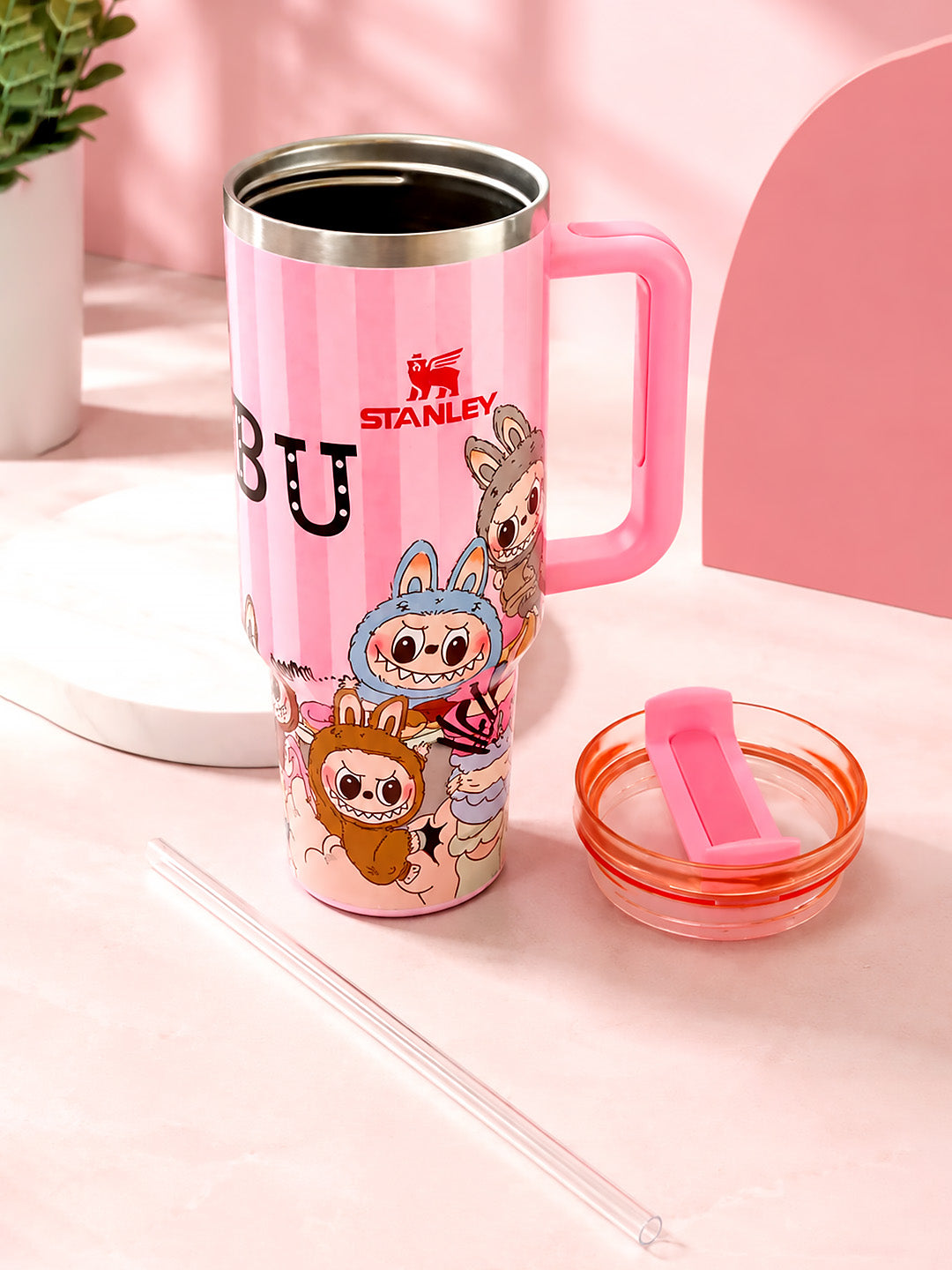 Pink Labubu Stainless Steel Kids Tumbler — 40oz / 1.18L | Straw Lid & Handle